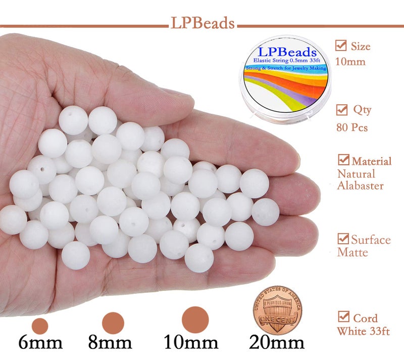 LPBeads 10 مللي متر الطبيعية ماتي الأبيض المرمر الأحجار الكريمة المستديرة متجمد 80 قطعة الخرز فضفاض لصنع المجوهرات سوار مع تمتد الديكور الحبل LPBeads - Image 2